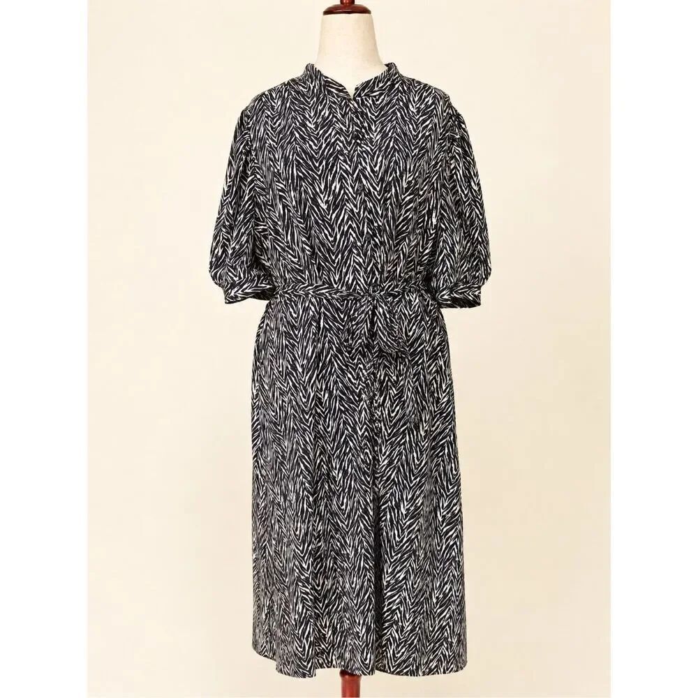 DKNY Zebra Print Midi Dress Plus Size 22W Black White Tie Waist Puff Sleeve